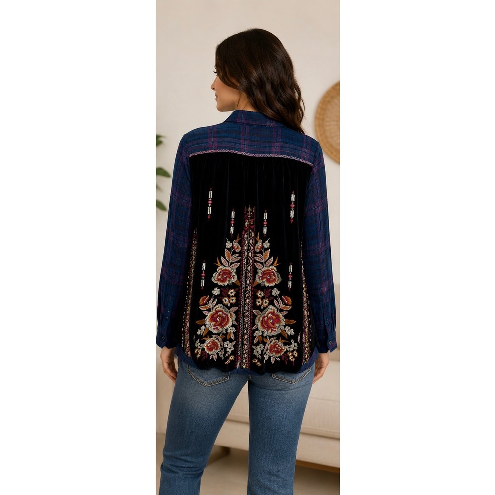 Johnny Was Workshop Plaid  Embroidered Velvet Back Button Up Tunic Shirt Large